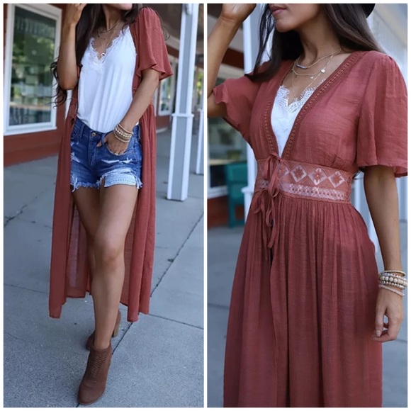 Tops - SOLD OUT CLEARANCE Rust Boho Crochet Short Sleeve Kimono Duster